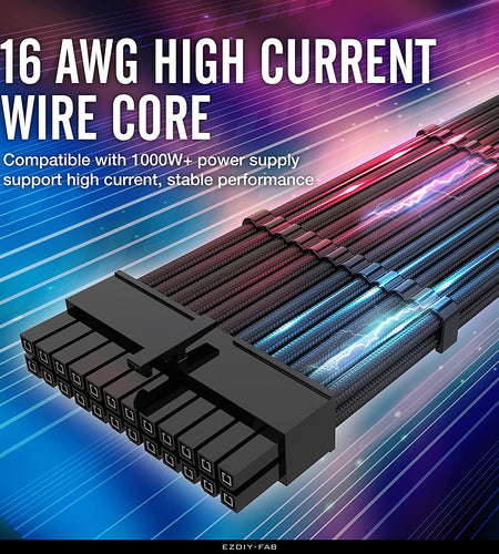 PSU Cable Extension Kit Sleeved Cable Custom Power Supply Sleeved Extension 16 AWG 24-PIN 8-PIN 6-PIN 4+4-PIN with Combs- Black