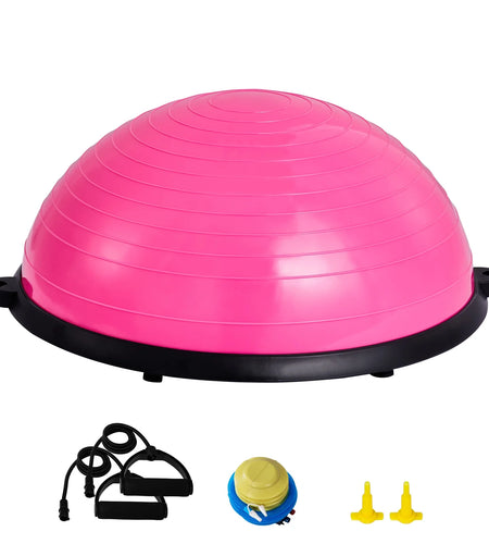 Half Balance Ball Trainer, 23-Inch Stability Ball with a 660Lbs Weight Limit, Includes Resistance Bands & Foot Pump for a Comprehensive Home Gym Experience, Ideal for Full Body Fitness, Pink