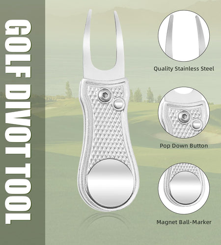 All Metal Foldable Golf Divot Tool with Pop-Up Button & Magnetic Ball Marker (Multi-Colors/Shape)