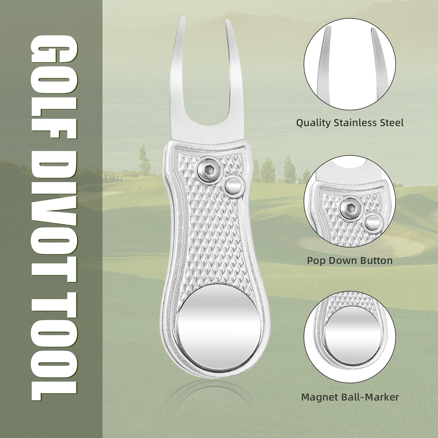 All Metal Foldable Golf Divot Tool with Pop-Up Button & Magnetic Ball Marker (Multi-Colors/Shape)