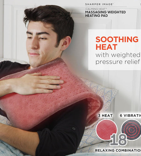 Calming Heat Massaging Weighted Heating Pad by Sharper Image- Weighted Electric Heating Pad with Massaging Vibrations, 6 Settings- 3 Heat, 3 Massage- 9 Relaxing Combinations, 12” X 24”, 4 Lbs