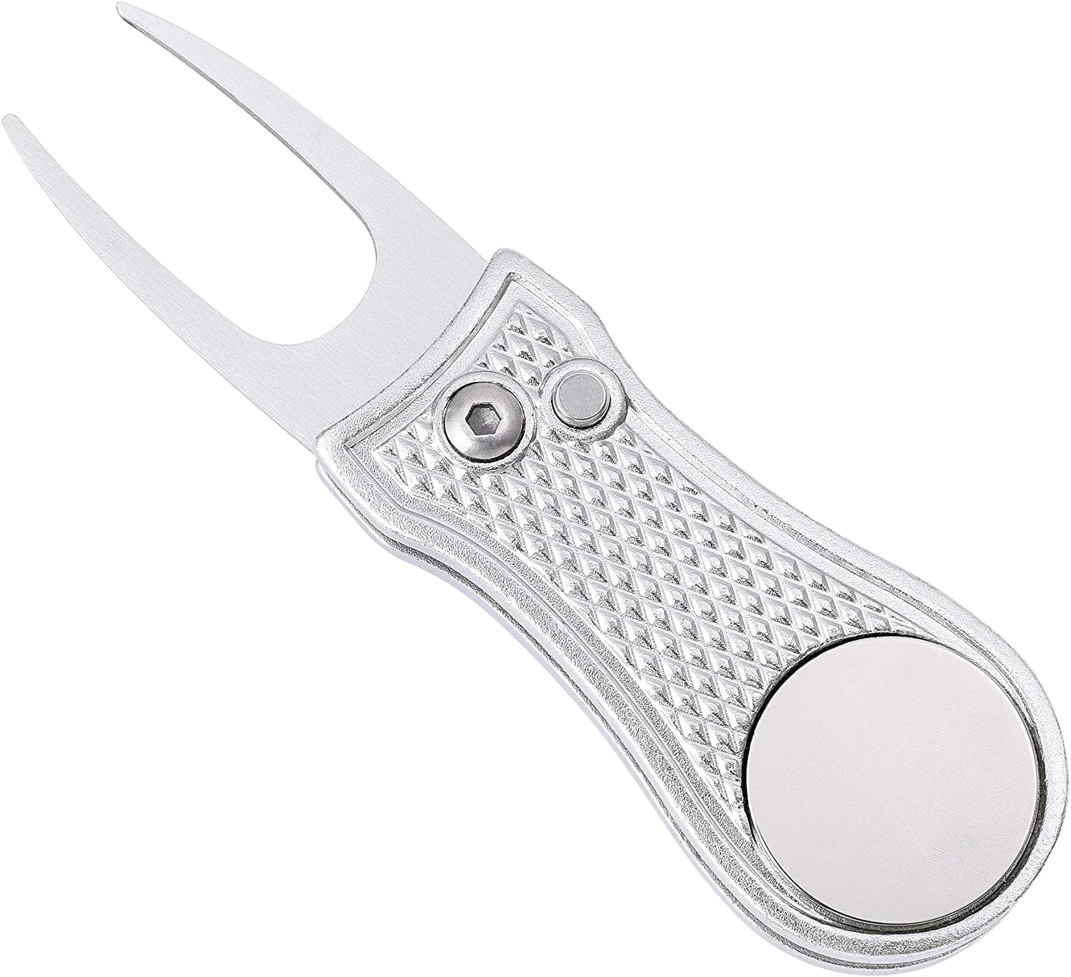 All Metal Foldable Golf Divot Tool with Pop-Up Button & Magnetic Ball Marker (Multi-Colors/Shape)