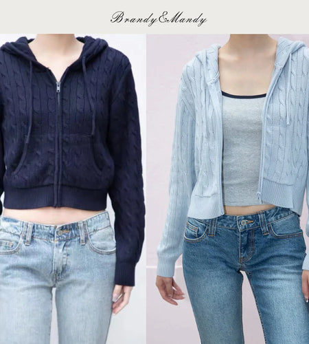 Women'S Long Sleeve Knitted Crop Sweater Autumn Zipper Cardigan Girls Brandy Mandy Style Top
