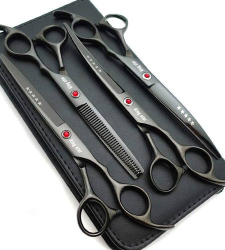 7.0In Titanium Professional Dog Grooming Scissors Set,Straight & Thinning & Curved Scissors 4Pcs Set for Dog Grooming (Bright Black)