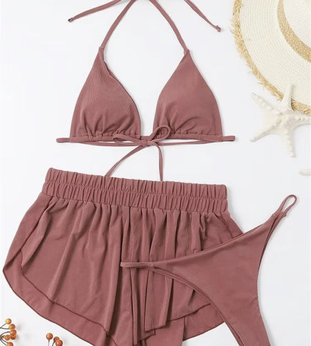 Sexy Front Tie 3 Piece Bikini Set 2025 Women Brown Push up Padded High Waist Swimsuit Female Beach Bathing Suit Swimwear Biquini