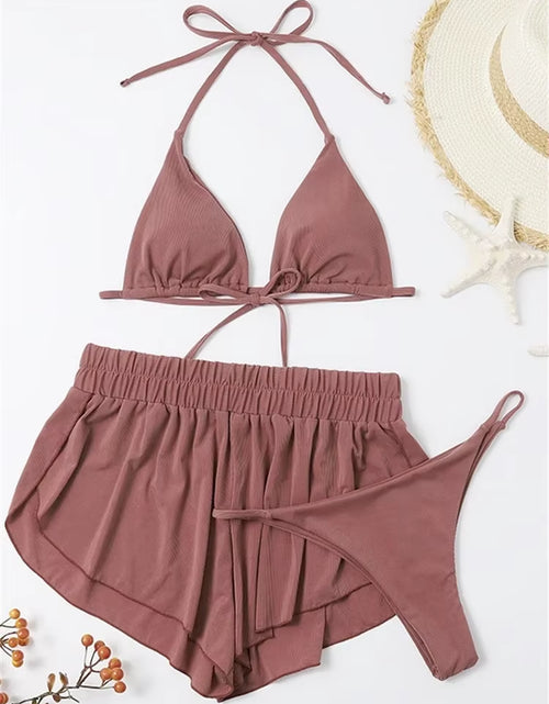 Load image into Gallery viewer, Sexy Front Tie 3 Piece Bikini Set 2025 Women Brown Push up Padded High Waist Swimsuit Female Beach Bathing Suit Swimwear Biquini
