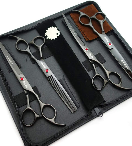 7.0In Titanium Professional Dog Grooming Scissors Set,Straight & Thinning & Curved Scissors 4Pcs Set for Dog Grooming (Bright Black)