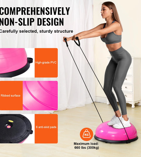 Half Balance Ball Trainer, 23-Inch Stability Ball with a 660Lbs Weight Limit, Includes Resistance Bands & Foot Pump for a Comprehensive Home Gym Experience, Ideal for Full Body Fitness, Pink