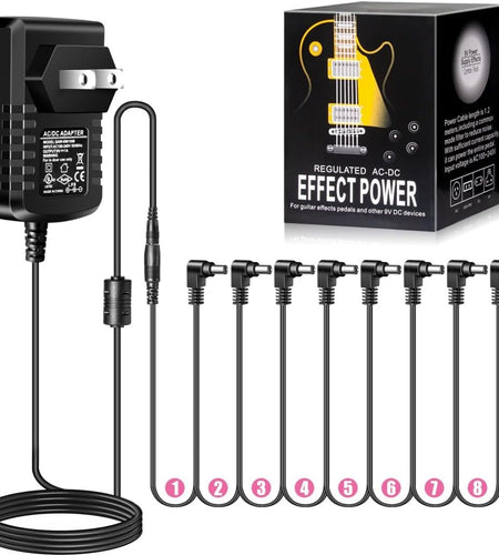 Guitar Pedal Power Supply Adapter 9V-DC- 1A(1000Ma Effect Pedal Power Supply with 1To8 Guitar Daisy Chain
