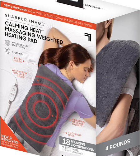 Calming Heat Massaging Weighted Heating Pad by Sharper Image- Weighted Electric Heating Pad with Massaging Vibrations, 6 Settings- 3 Heat, 3 Massage- 9 Relaxing Combinations, 12” X 24”, 4 Lbs