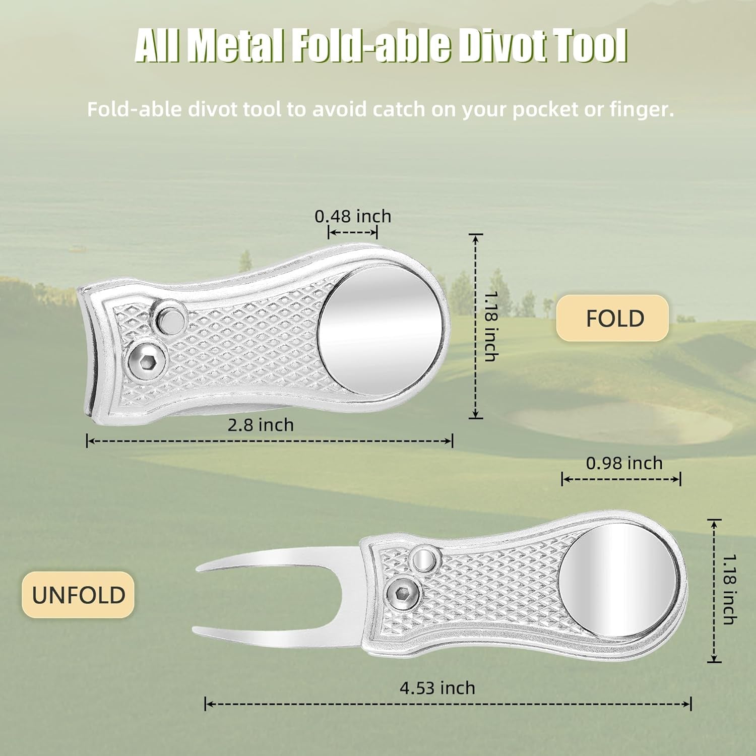 All Metal Foldable Golf Divot Tool with Pop-Up Button & Magnetic Ball Marker (Multi-Colors/Shape)