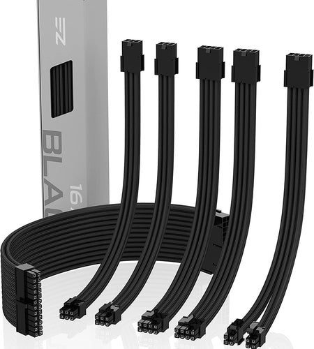 PSU Cable Extension Kit Sleeved Cable Custom Power Supply Sleeved Extension 16 AWG 24-PIN 8-PIN 6-PIN 4+4-PIN with Combs- Black